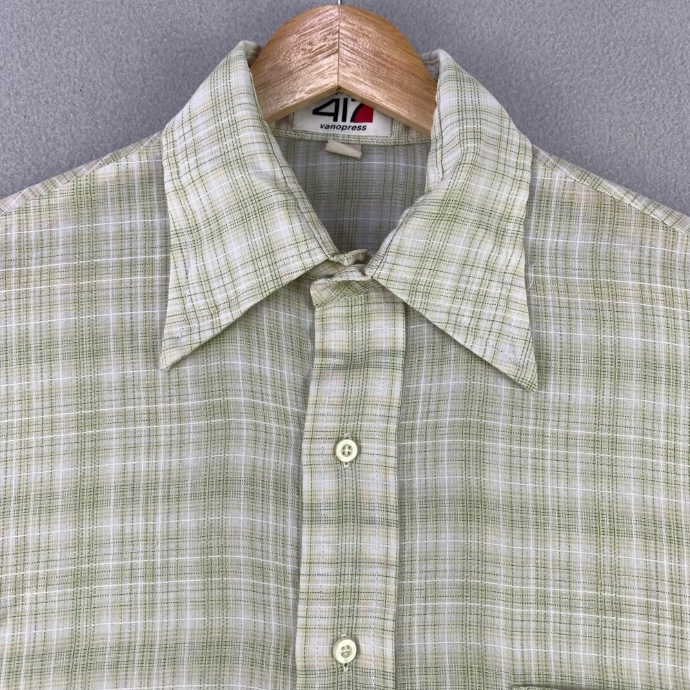 VTG 70s Van Heusen 417 Shirt Mens L Green Plaid Short Sleeve Paper Thin Retro